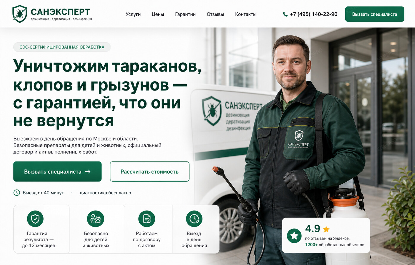 Готовый сайт по дезинсекции, дератизации и дезинфекции — главный экран