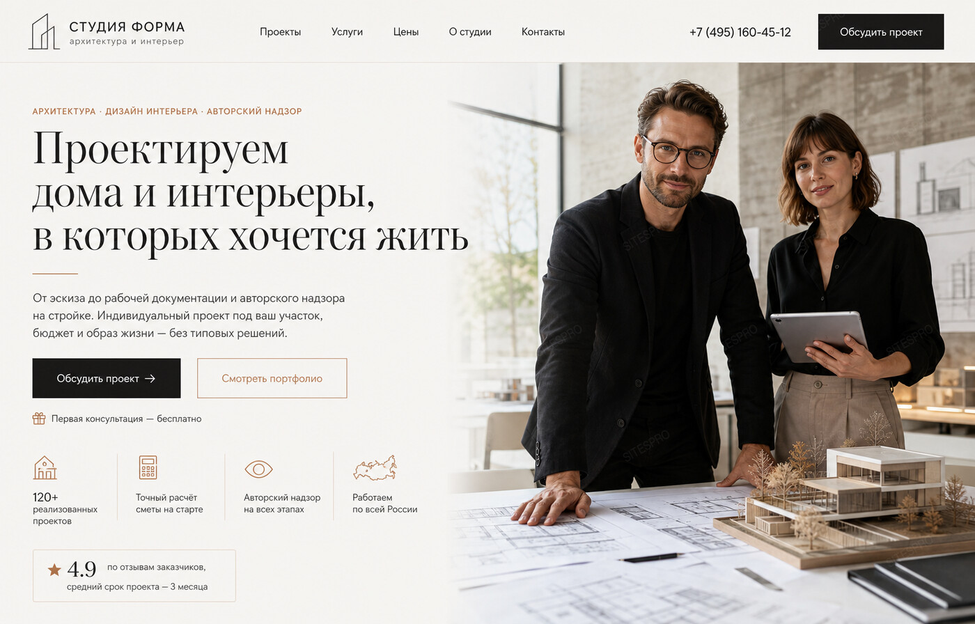 Готовый сайт для архитектурного бюро — главный экран