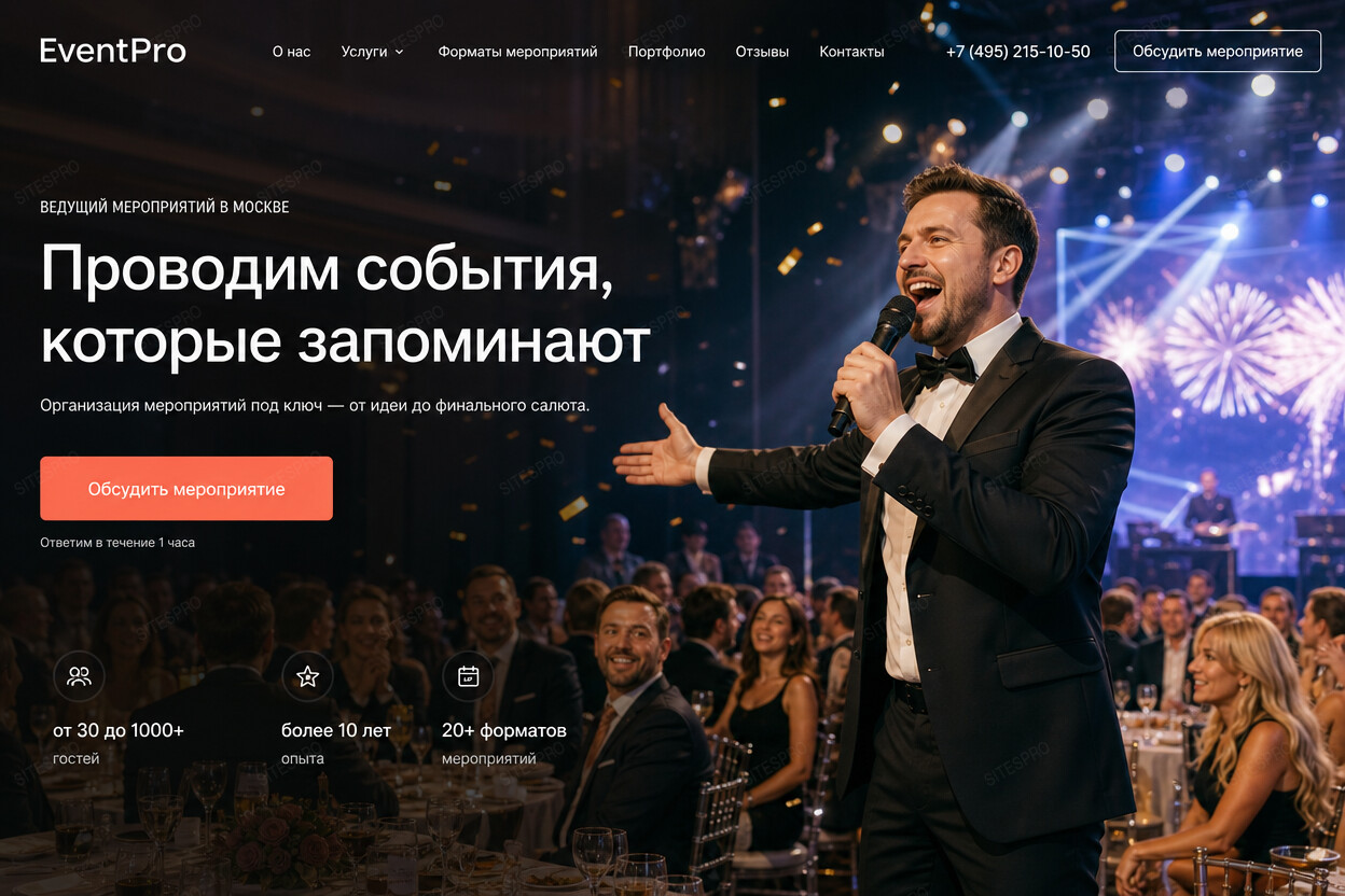 Готовый сайт для ведущего мероприятий — главный экран