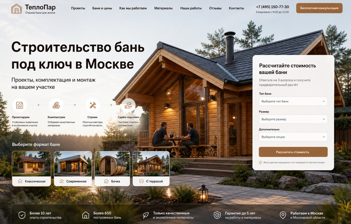 Готовый сайт по строительству и продаже бань — главный экран
