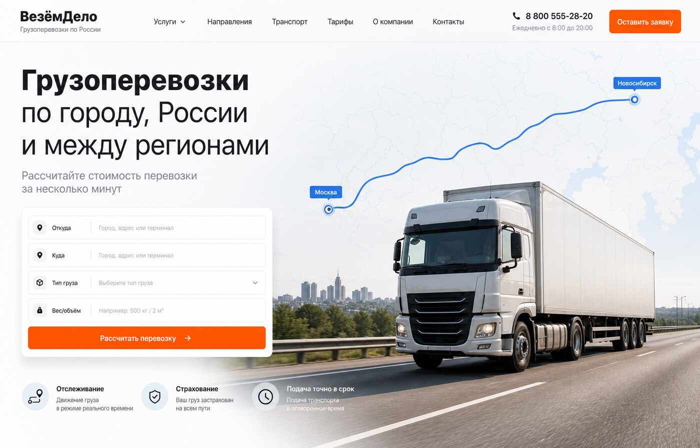 Готовый сайт по грузовым и пассажирским перевозкам — главный экран