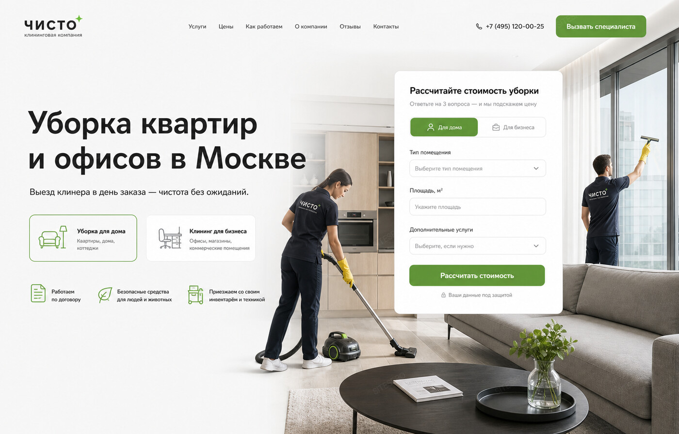 Готовый сайт клининговой компании — главный экран