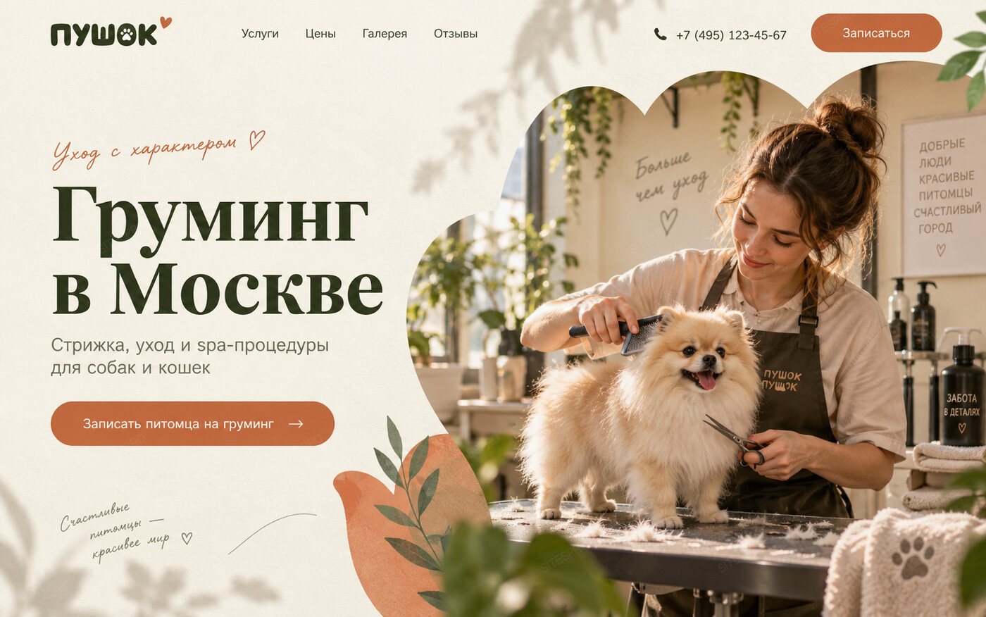 Готовый сайт груминга с онлайн-записью — главный экран