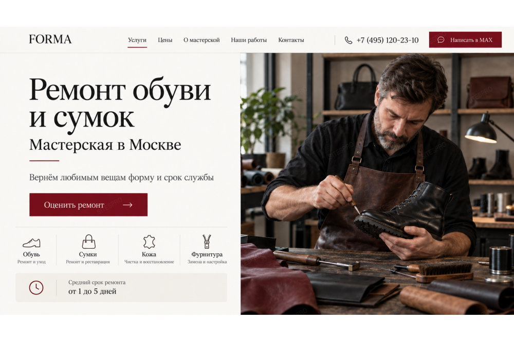 Готовый сайт ремонта обуви и сумок