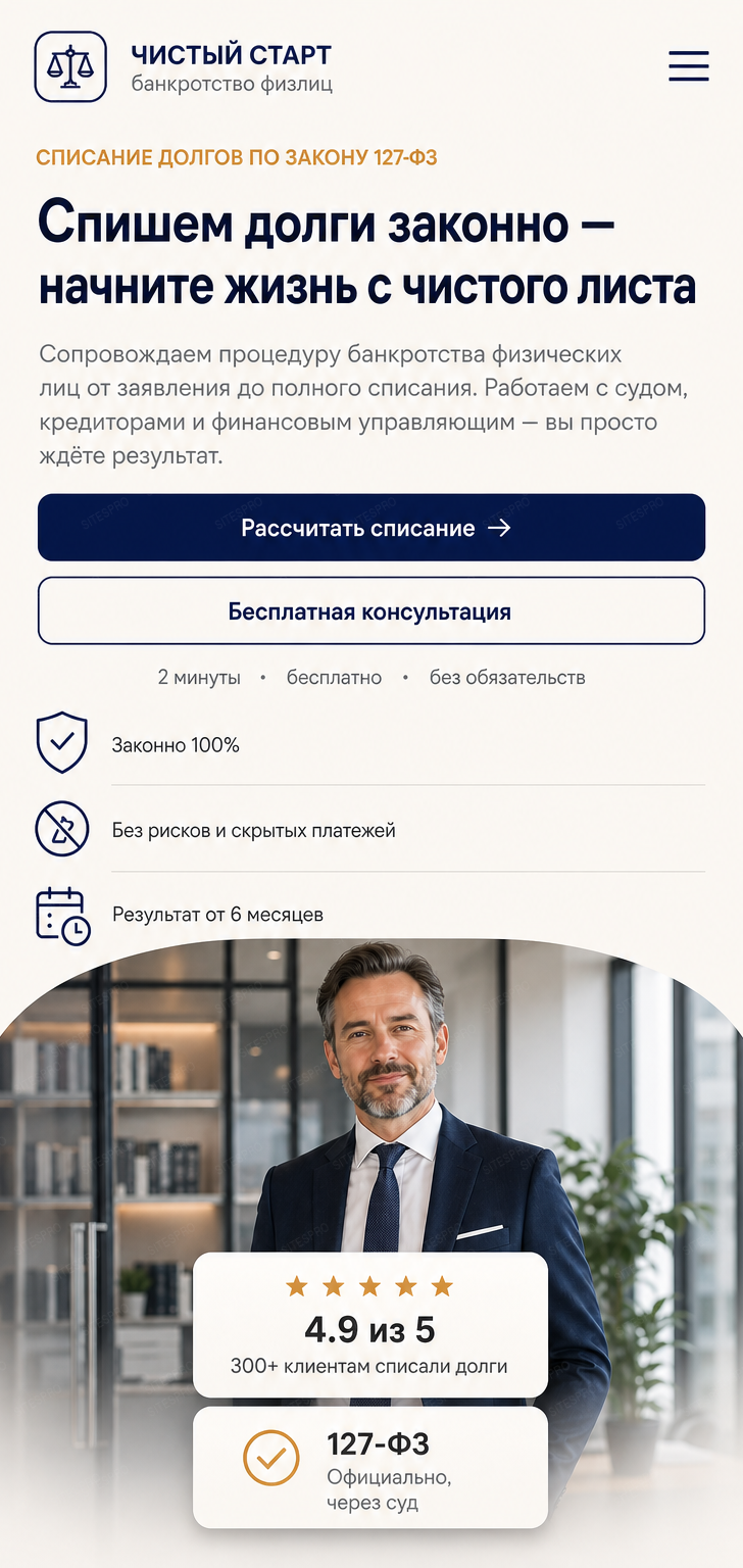 Готовый сайт по банкротству физических лиц — мобильная версия
