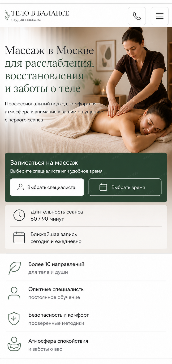 Массаж — версия для телефона, экран 1