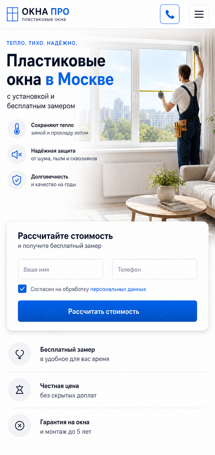 Готовый сайт по продаже и установке пластиковых окон — мобильная версия