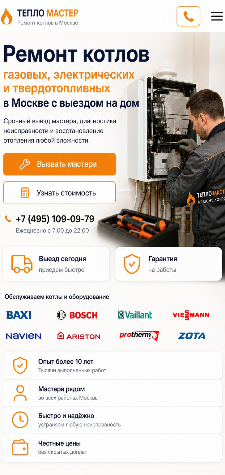 Готовый сайт по ремонту котлов — мобильная версия