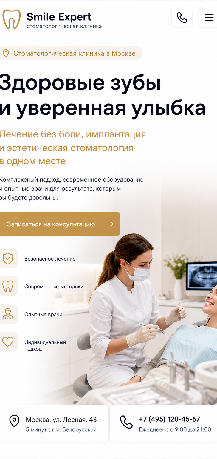 Стоматологическая клиника — версия для телефона, экран 1