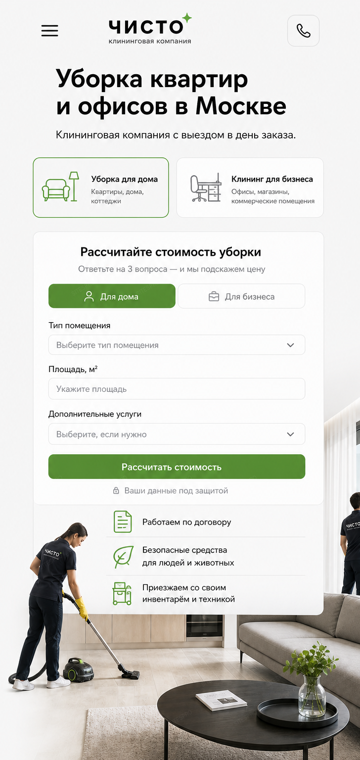 Готовый сайт клининговой компании — мобильная версия