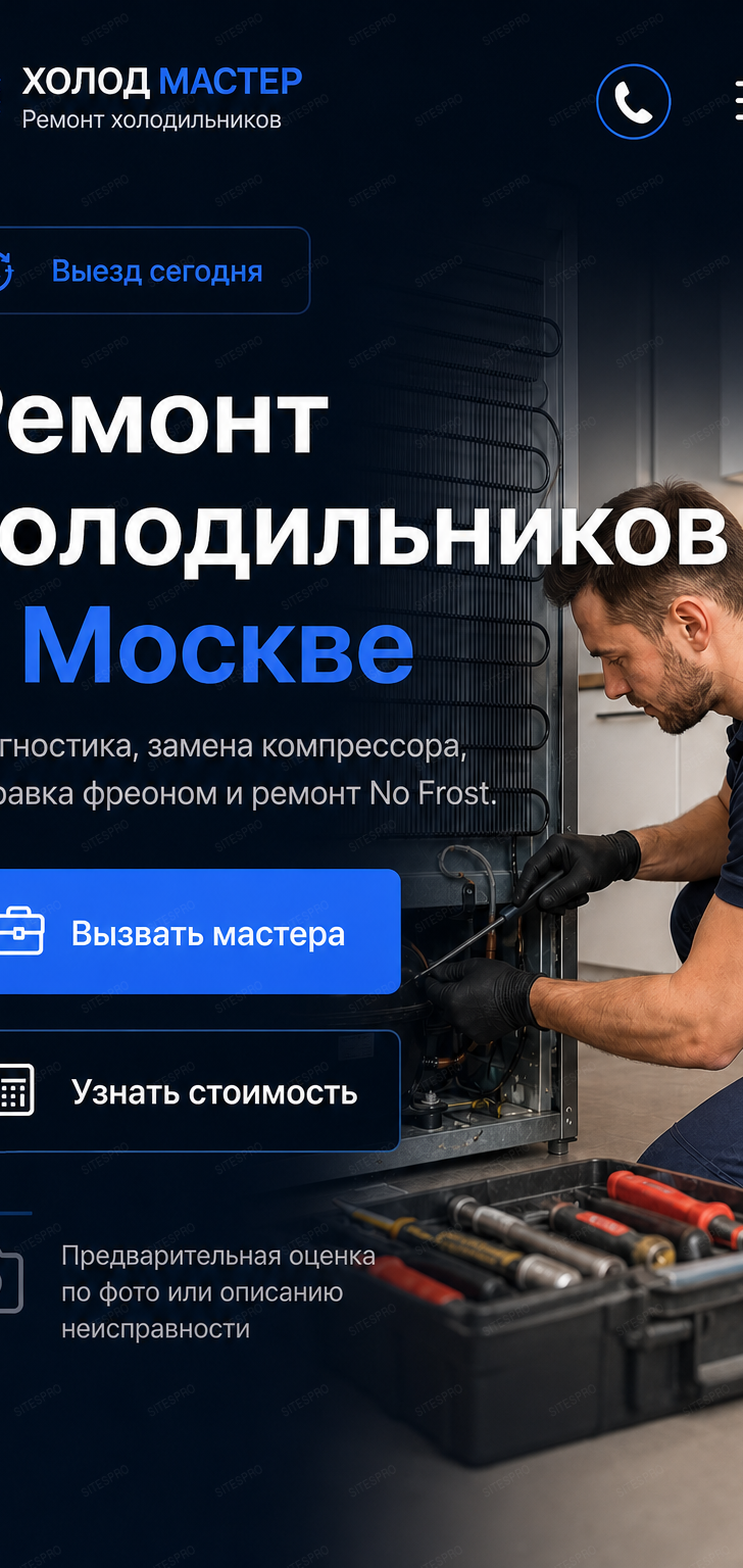 Готовый сайт по ремонту холодильников — мобильная версия