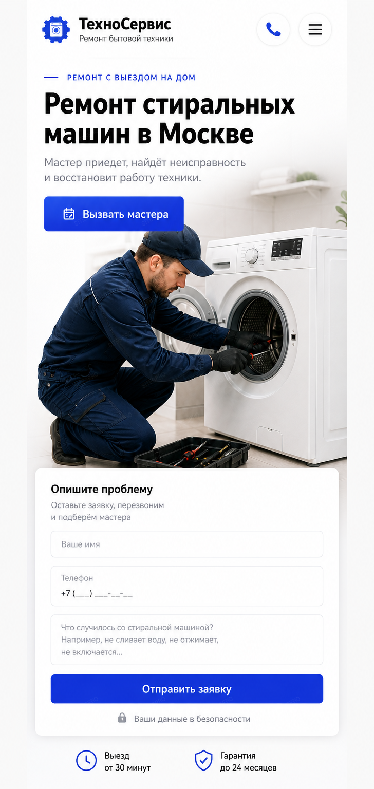 Готовый сайт по ремонту стиральных машин — мобильная версия