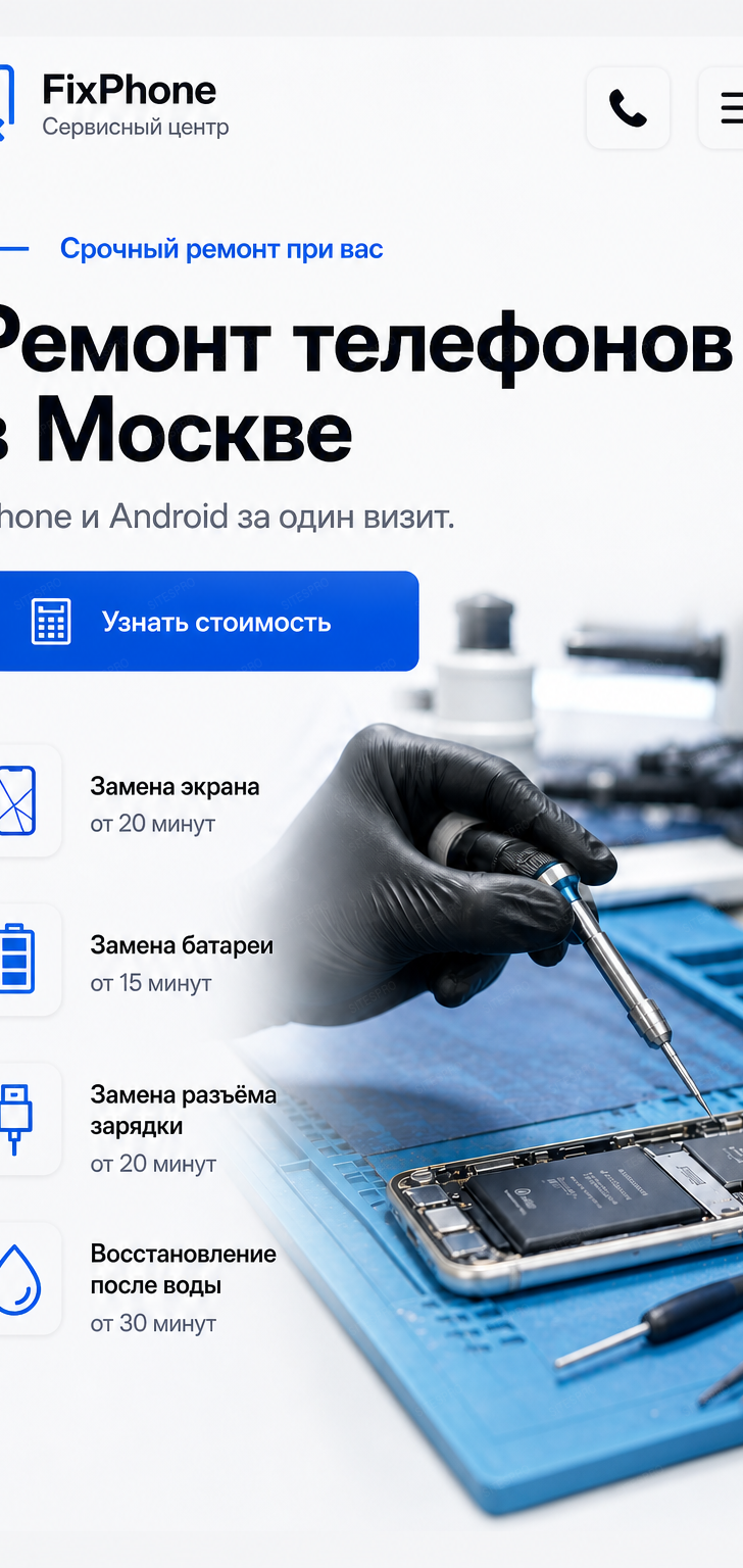 Готовый сайт по ремонту телефонов — мобильная версия