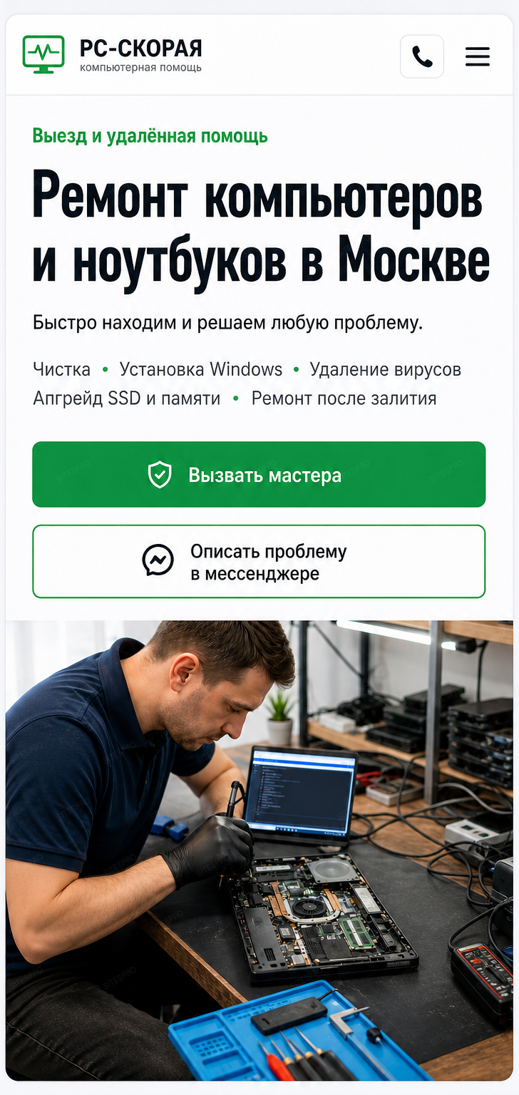 Готовый сайт по ремонту компьютеров и ноутбуков — мобильная версия