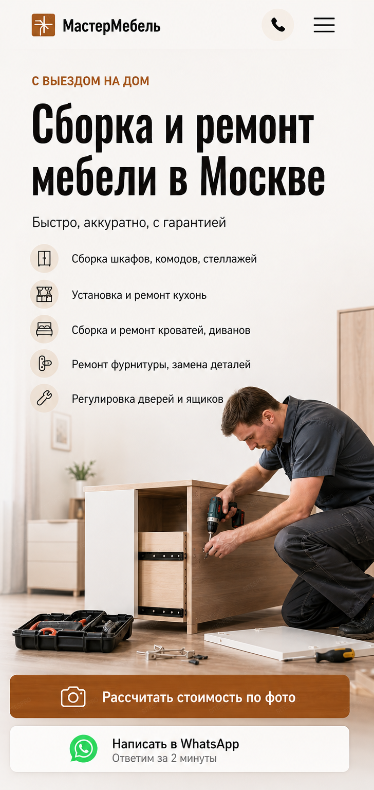 Готовый сайт по сборке и ремонту мебели — мобильная версия
