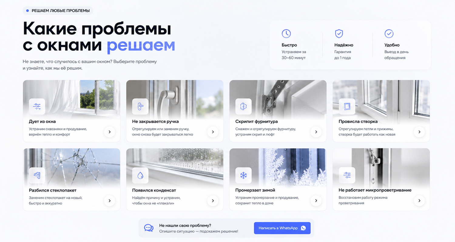 Пример дизайна: сайт для ремонта пластиковых окон — версия для ПК, экран 2